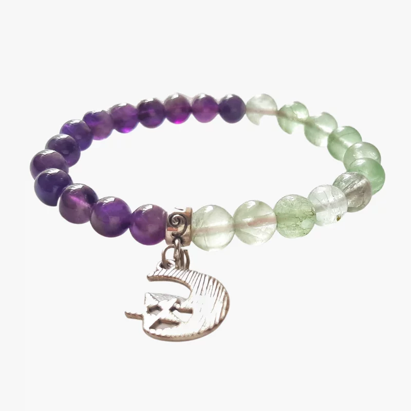 Amethyst Flourite 8mm Bead Bracelet with Moon Charm best for Chakra Cleansing, Protection