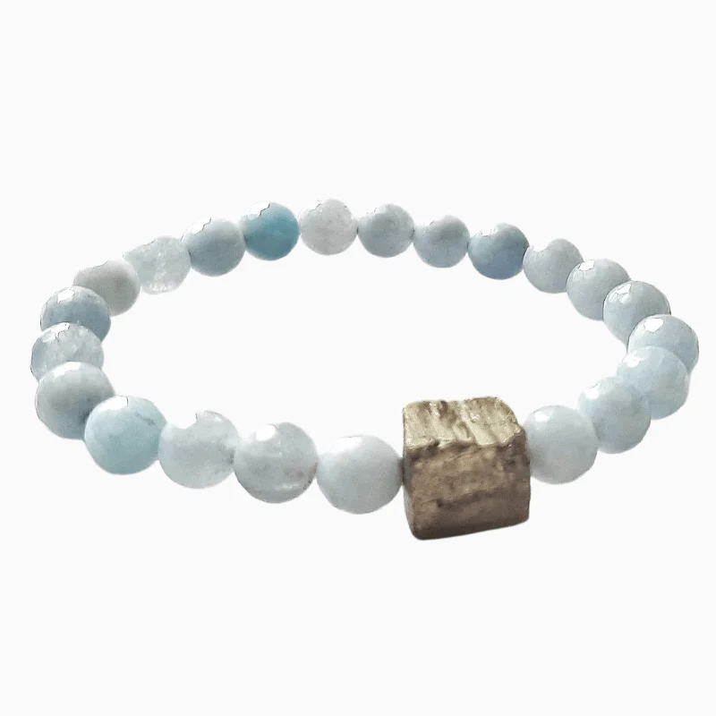 Aquamarine Pyrite 8mm Round Bead Bracelet best for Calming, Courage, Travel Protection