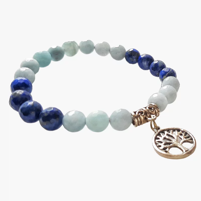 Aquamarine Lapis Lazuli Bracelet with Tree of Life Charm best for Wisdom, Calming
