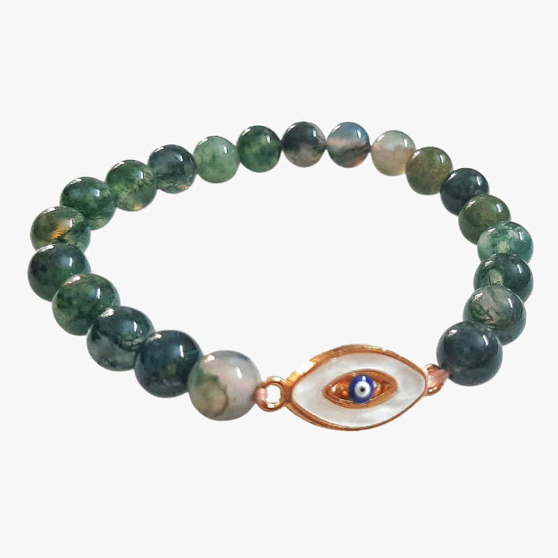 Moss Agate 8mm Bracelet with Evil Eye Charm good for Transformation, New Beginnings
