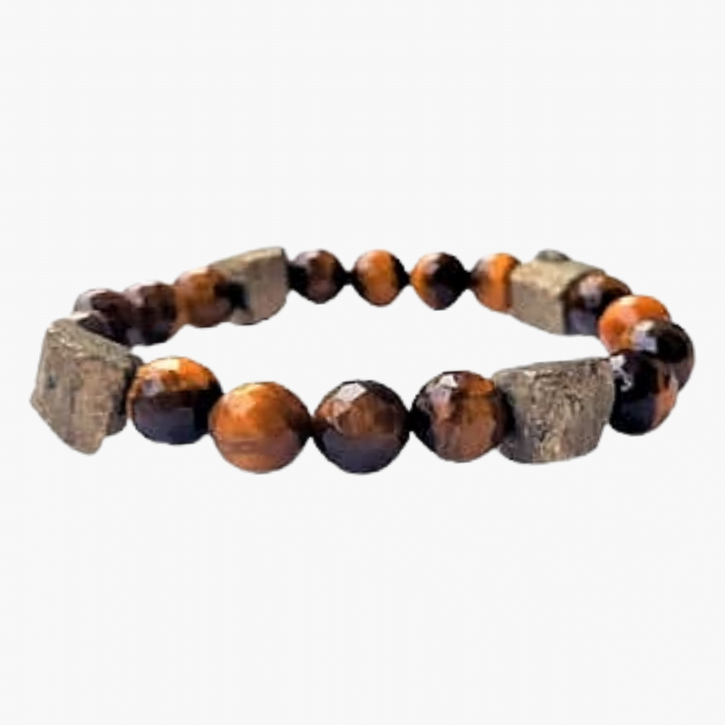 Tiger Eye Raw Pyrite 10mm Faceted Bead Bracelet for Prosperity, success