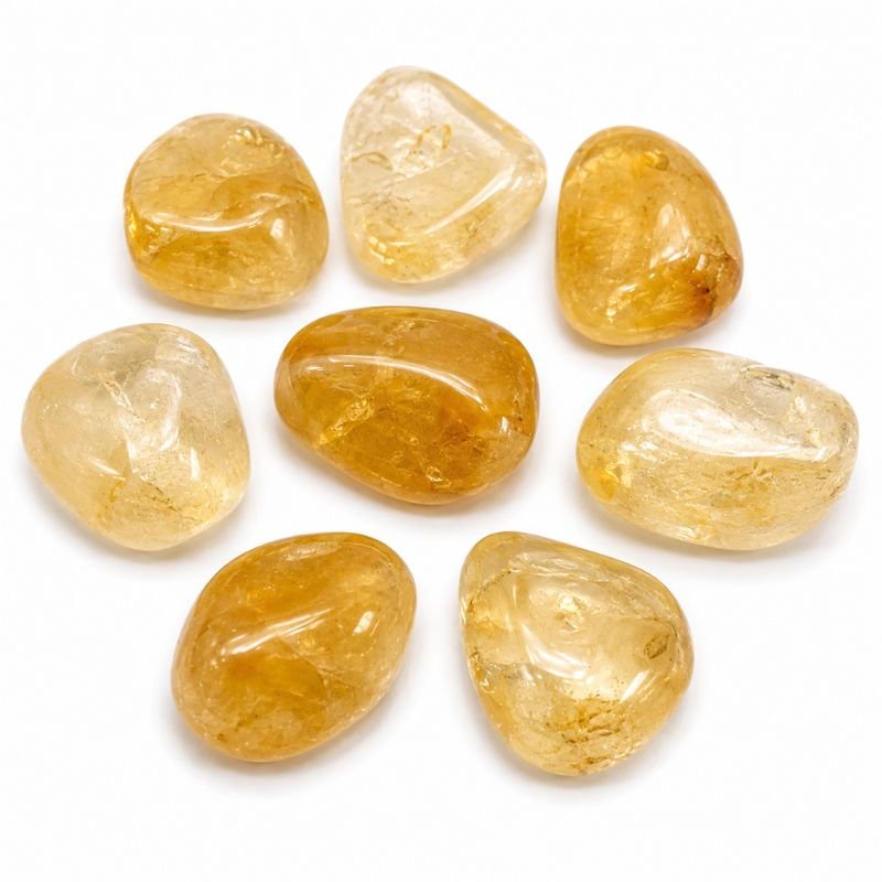 Natural polished Citrine Tumble Stone with warm golden yellow color and smooth finish on a white background