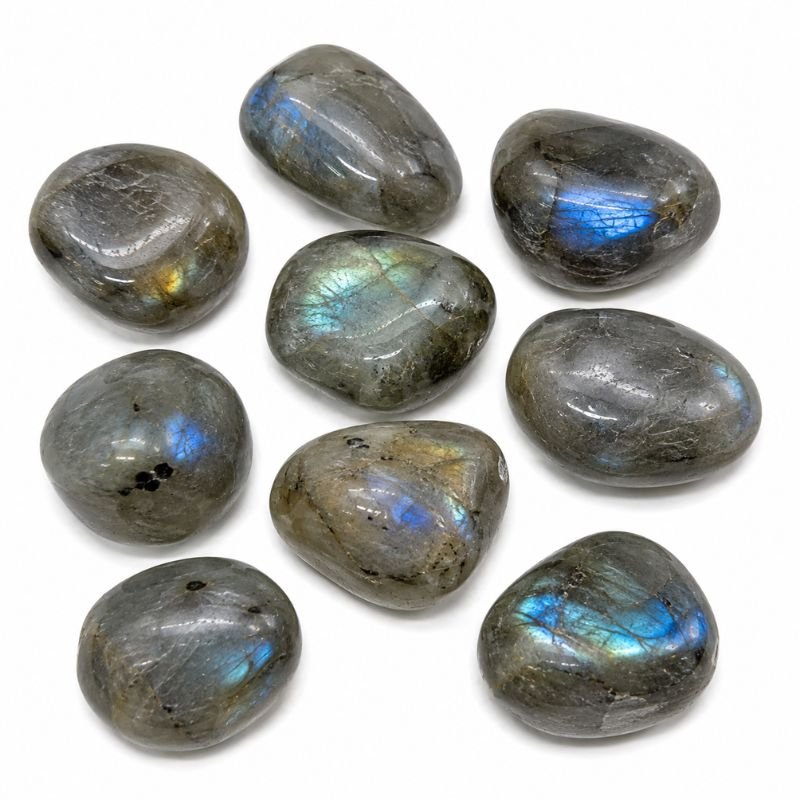 Natural polished Labradorite Tumble Stone with blue iridescent flash and smooth polished surface on a white background