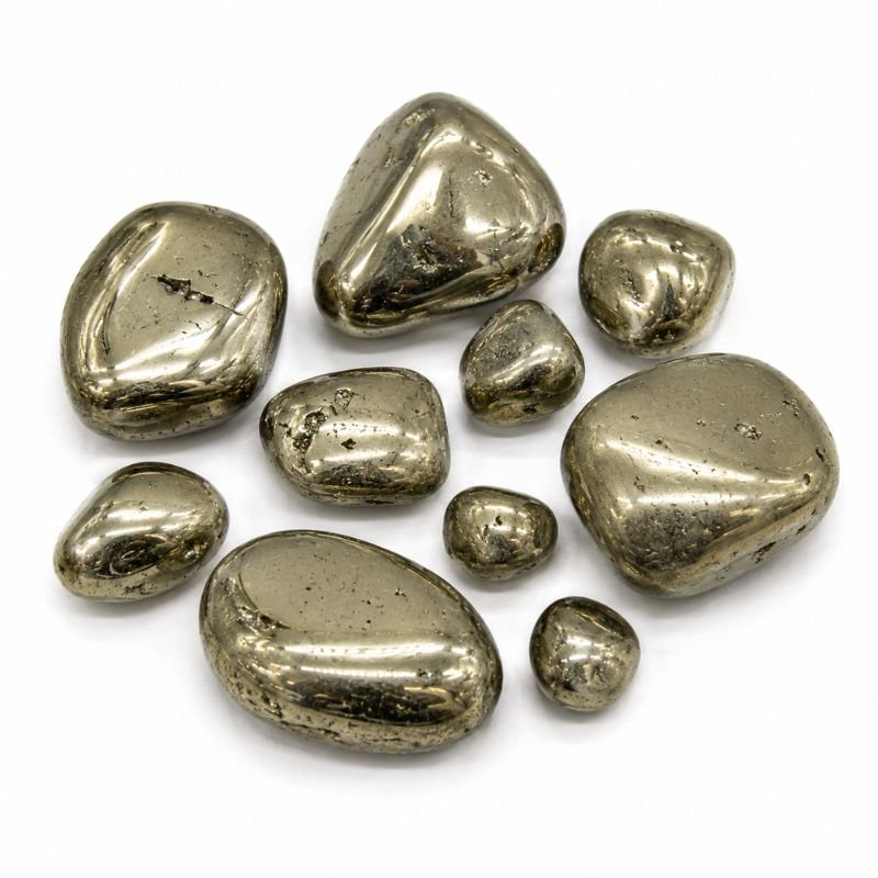 Natural polished Pyrite Tumble Stone with metallic gold luster and smooth reflective surface on a white background