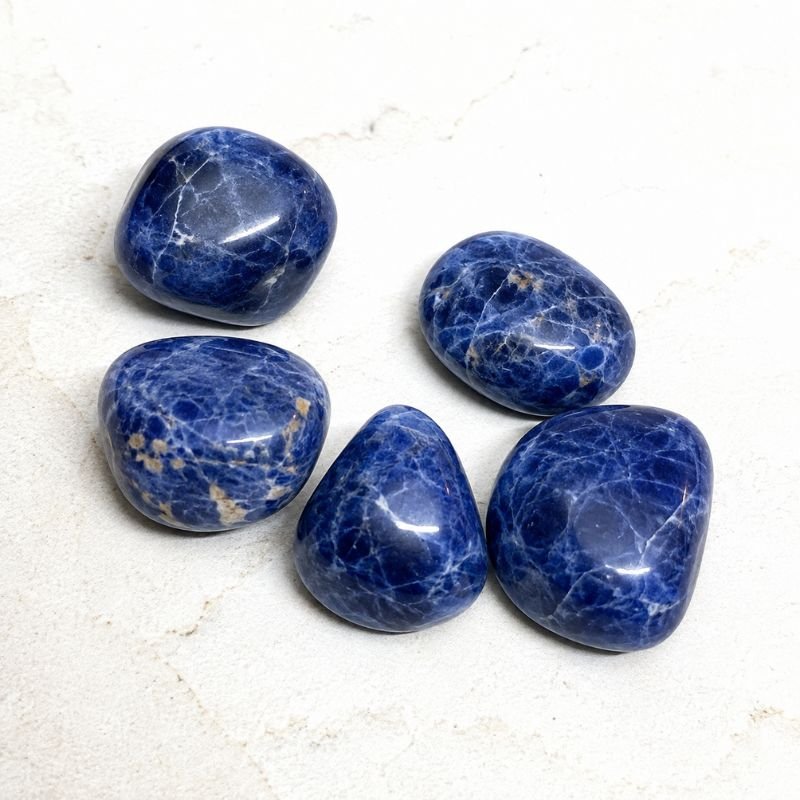 Natural polished Sodalite Tumble Stones with deep blue color and white veining on a white background