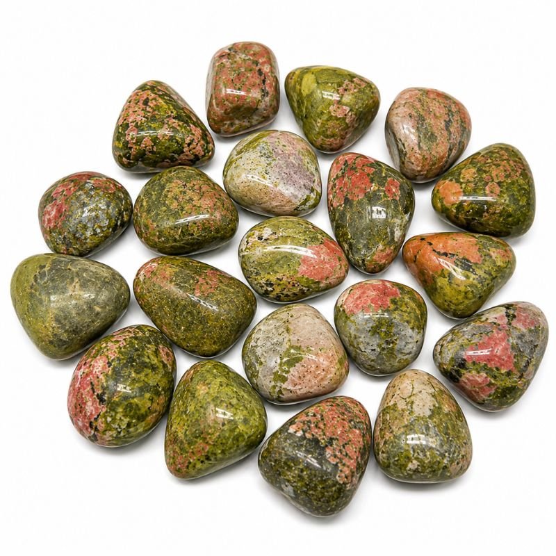 Natural polished Unakite Tumble Stone with green and pink patterns and smooth finish on a white background