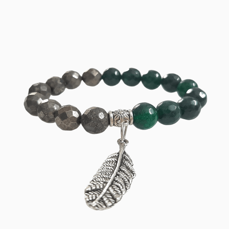 Green Aventurine Pyrite 10mm Faceted Bead Bracelet with Leaf Charm