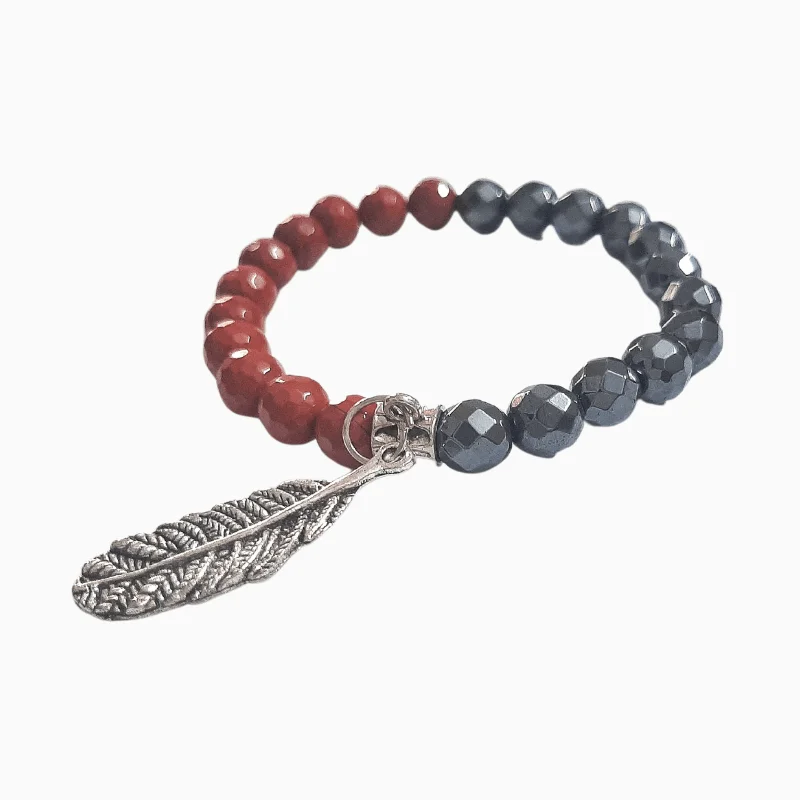 Hematite Red Jasper 8mm faceted Bead Bracelet with Leaf charm useful for Grounding, Good Health, Stability, healing