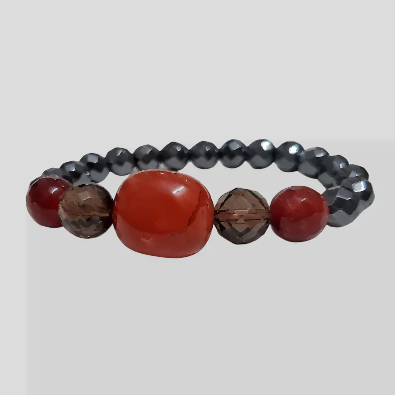 Hematite Red Jasper Smoky Quartz Faceted Bead with Tumble Stone Bracelet good for Grounding, Good Health, Stability, healing