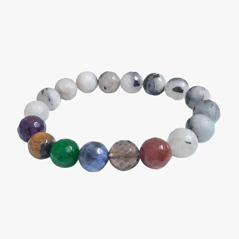 Tourmaline Quartz with 7 Chakra 10mm Faceted Bead Bracelet useful for Protection, Healing