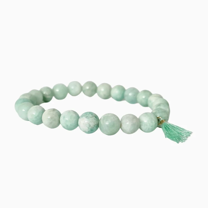 Amazonite 8mm Round Bead Bracelet with Tussle Charm helpful for Calming, Communication & Stress Relief