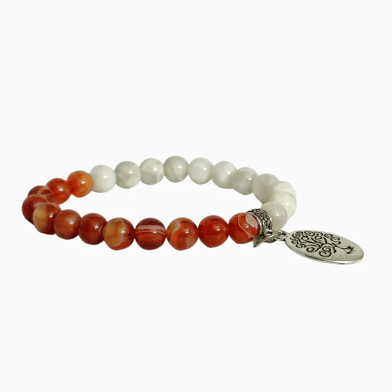 Carnelian Moonstone Round Bead Bracelet with Tree of Life Charm for Emotional Balance, Passion, Creativity & Fertility Support