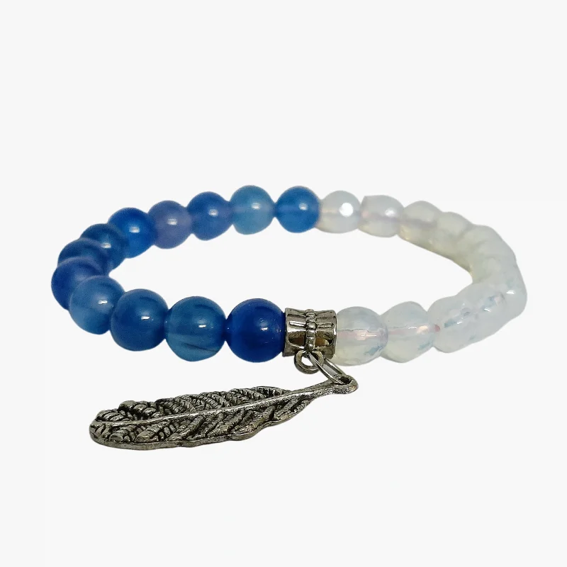 Chalecedony Opalite Bracelet with Leaf Charm for Peace, Calming, Intuition