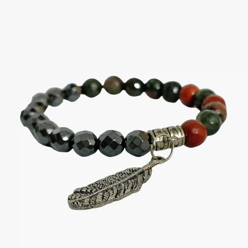Hematite Bloodstone faceted Bead Bracelet with leaf Charm for grounding, protection, blood purifier, Hypertension Support