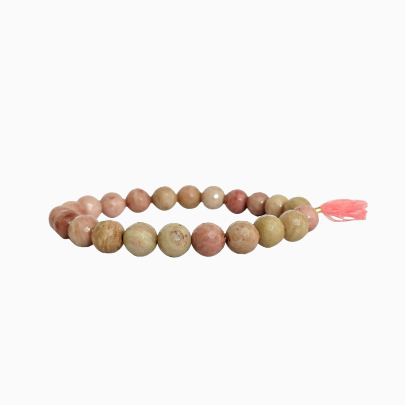 Rhodochrosite 8mm Faceted bead Bracelet with Tussle Charm for Emotional Healing, Self Love