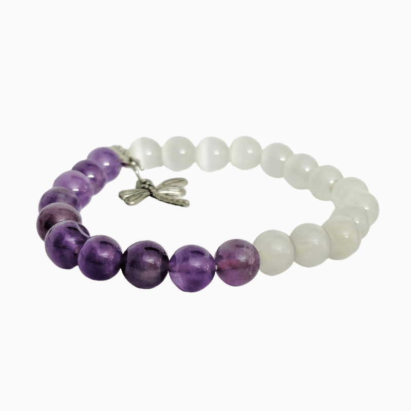 Selenite Amethyst Bracelet with Dragon fly Charm for Aura Cleansing, Healing, Protection