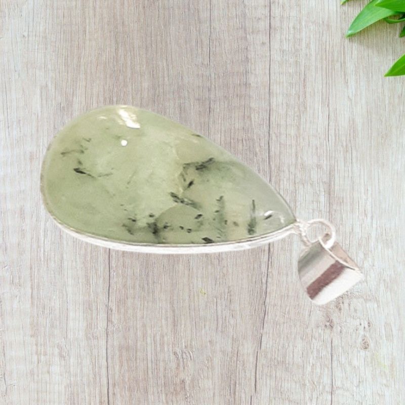 Prehnite Epidot Leaf Pendant for Universal Consciousness, Abundance