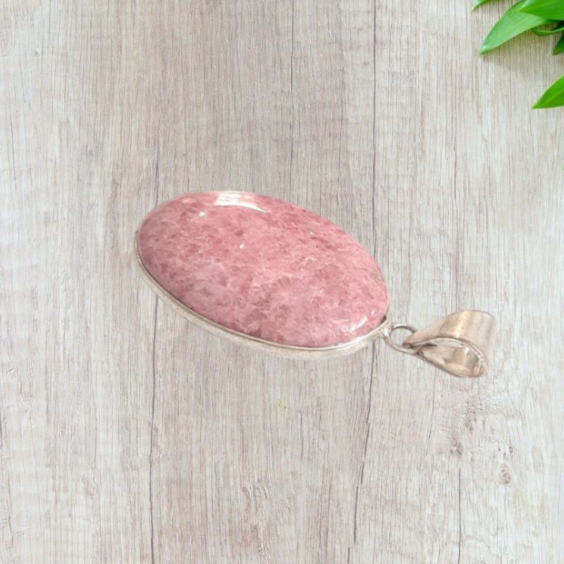 Rhodochrosite Oval White Metal Pendant Emotional Healing & Inner Child