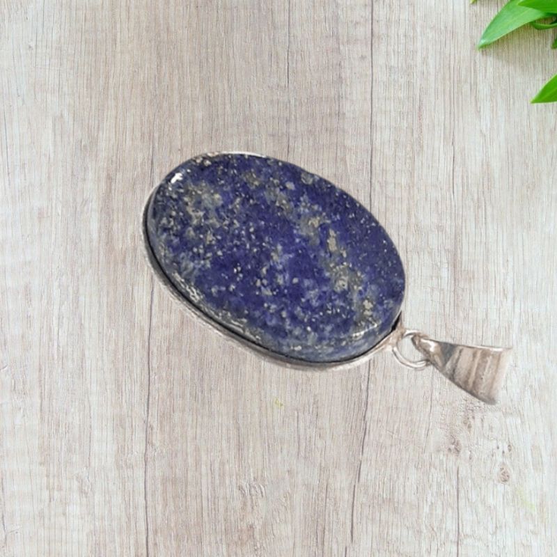 Lapis Lazuli Oval White Metal Pendant good for Communication, Awareness, Wisdom, Intuition