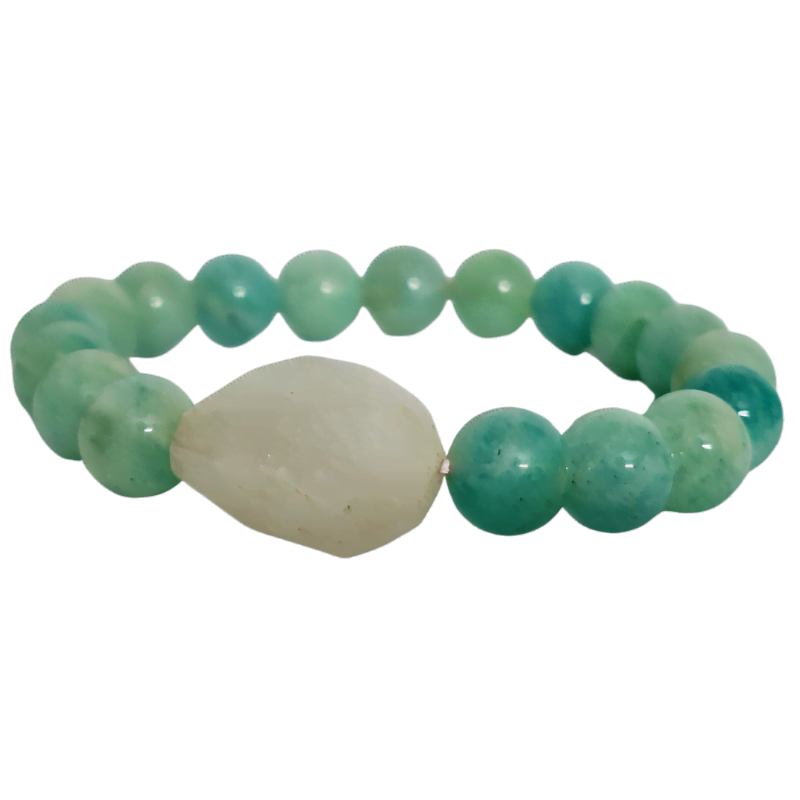 Amazonite Rainbow Moonstone Round Bead with Tumble Stone Bracelet for Calming, Communication, Stress Relief, Balance