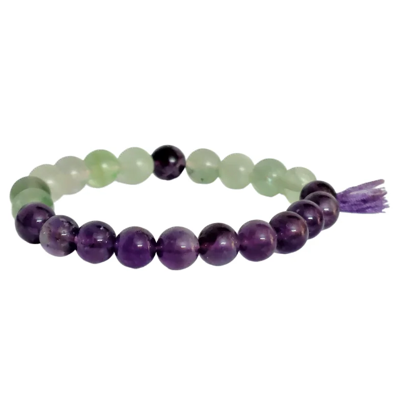 Amethyst Fluorite Half n Half Bracelet with Tussle Charm used for Focus, Mind Healing, Positive Thinking