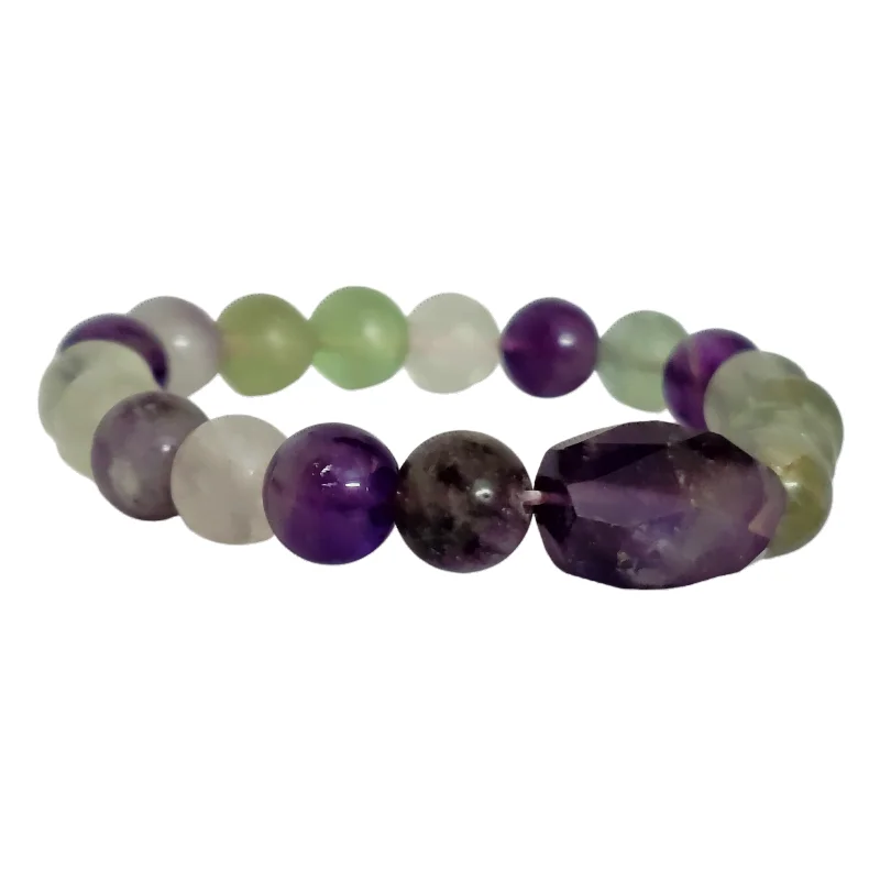 Amethyst Fluorite Round bead with Tumble Stone Bracelet for Focus, Mind Healing, Positive Thinking