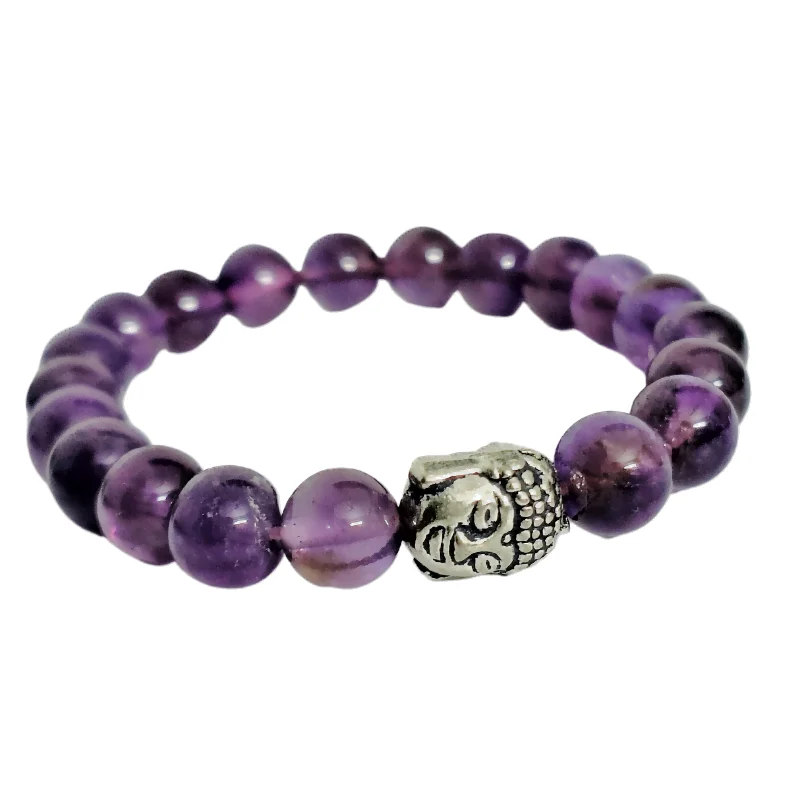 Amethyst Round Bead Bracelet with Buddha Charm for Positive thinking, Calming, protection
