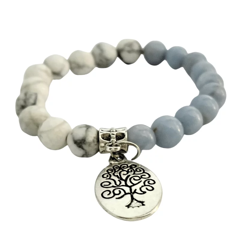 Angelite Howlite Half n Half Bracelet with Tree of Life Charm best for Guidance, Communication, Awareness
