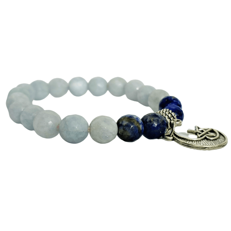 Aquamarine Lapis Lazuli Faced Bead Bracelet with Moon Charm for Calming, Awareness, Communication, Wisdom