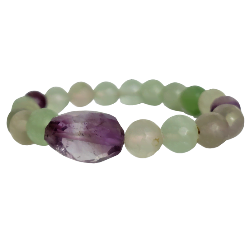 Fluorite Amethyst Faceted Bead with Tumble Stone Bracelet for Focus, Mind Healing & Positive Thinking