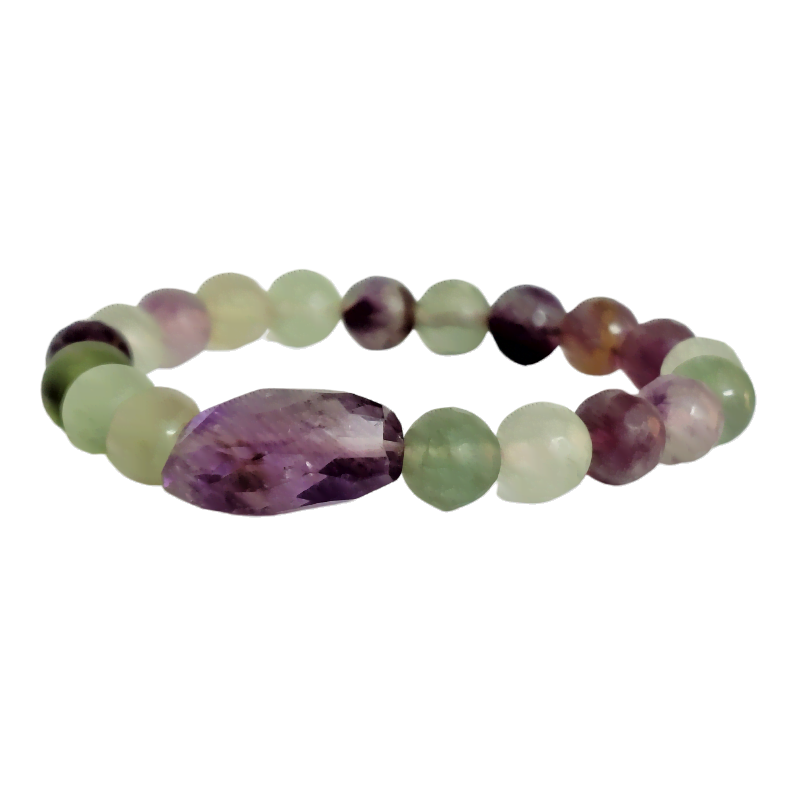 Multi Fluorite Amethyst Round Bead with Tumble Stone Bracelet is good for Focus, Concentration, Mind Healing