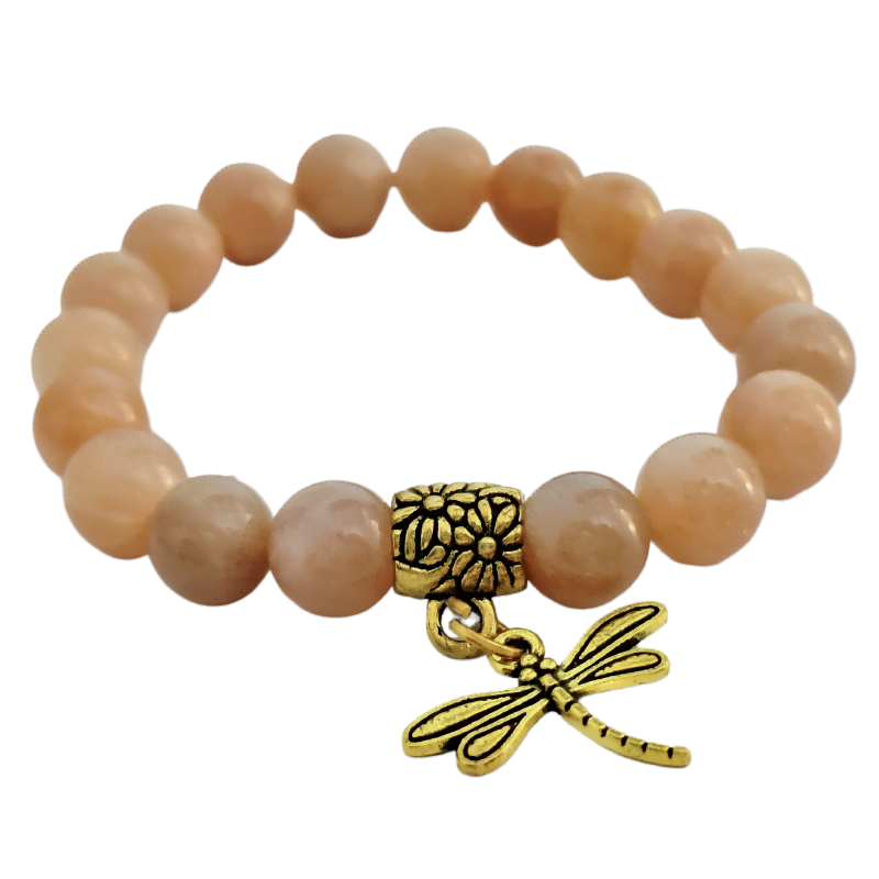 Peach Moonstone 8mm bracelet with Dragon Fly Charm for women Intuition, Transformation, Fertility Support, Balance