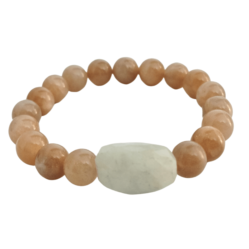 Peach Rainbow Moonstone Round Bead with Tumble Stone Bracelet for Intution, Transformation, Fertility Support, Balance