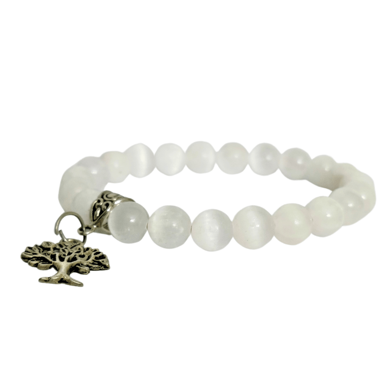 Selenite 8mm Bracelet with Tree of Life Charm good for Aura Cleansing