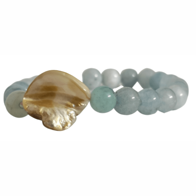 Aquamarine Round Bead with Shell Pearl Bracelet for Calming & Communication