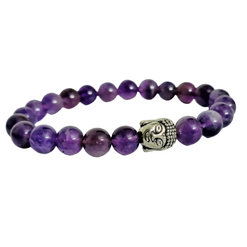 Amethyst 8mm Round Bead bracelet with Buddha Charm for Mind Healing, Calming, Positive Thinking
