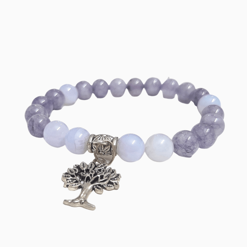 Angelite Blue Lace Agate 8mm Round Bead with tree of life charm bracelet good for Angelic Guidance, Communication, Truth and Awareness
