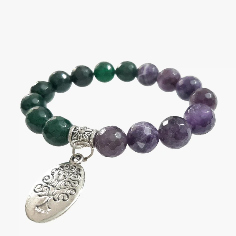 Green Aventurine Amethyst 10mm Faceted Bracelet with Tree of Life Charm helpful for Prosperity, Healing and Protection