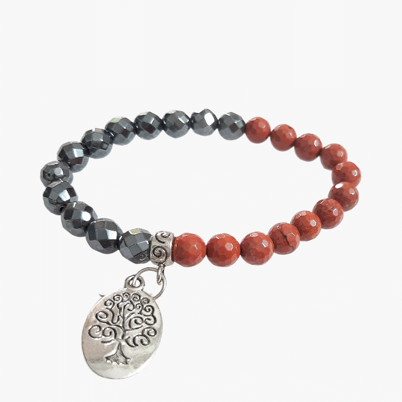 Hematite Red Jasper Half N Half Bracelet with Tree of Life Charm good for Grounding, Good Health, Stability and healing