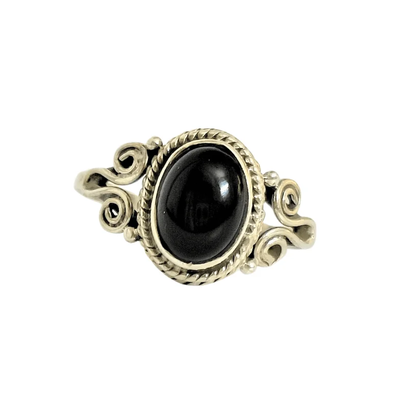 Oval Black Onyx Silver Cut Ring used for Protection, Grounding