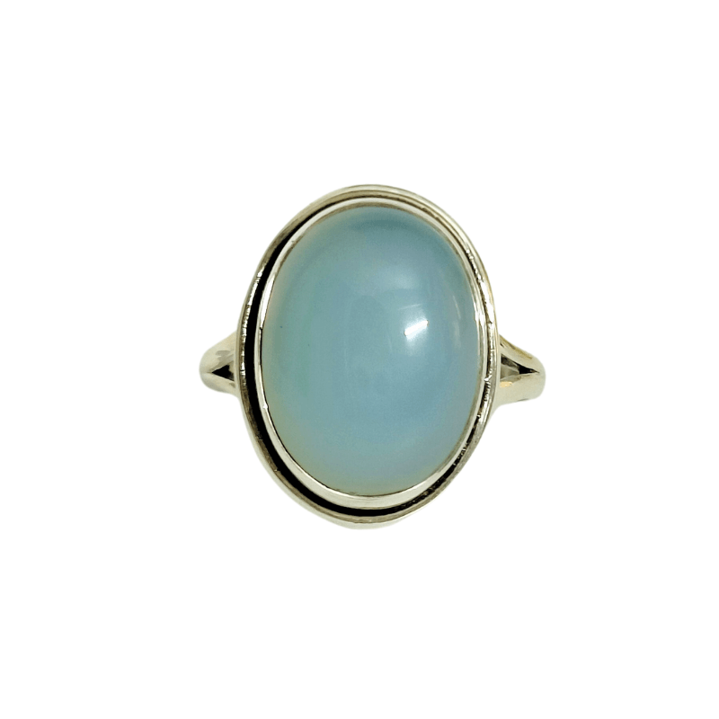 Oval Blue Chalcedony Adjustable Silver Ring helpful for Strength, Communication, Peace