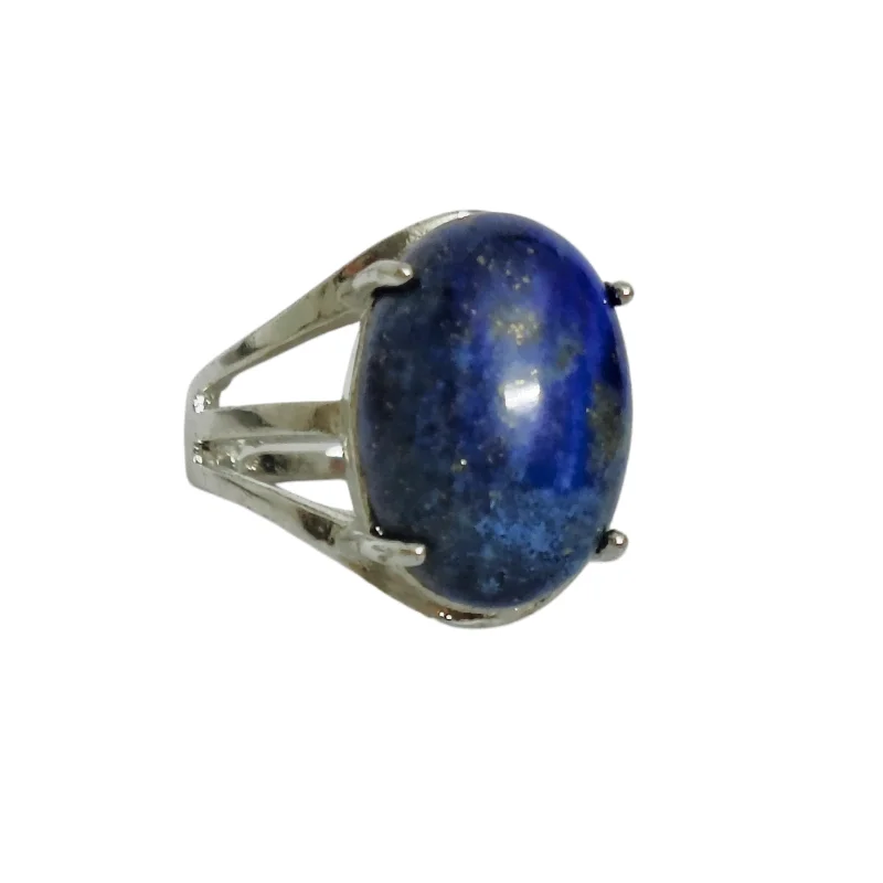 Oval Lapis Lazuli Adjustable White Metal Ring good for Intuition, Wisdom, Communication