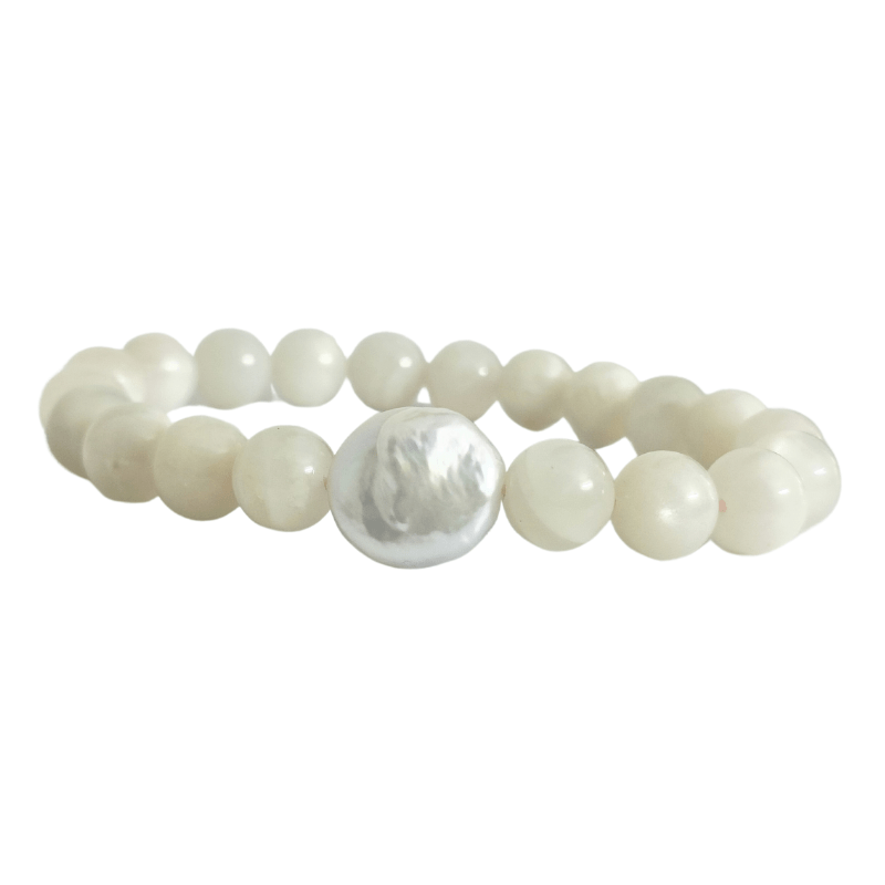 White Moonstone 8mm Bracelet with Fresh Water Pearl for Balance, Calming, Transformation