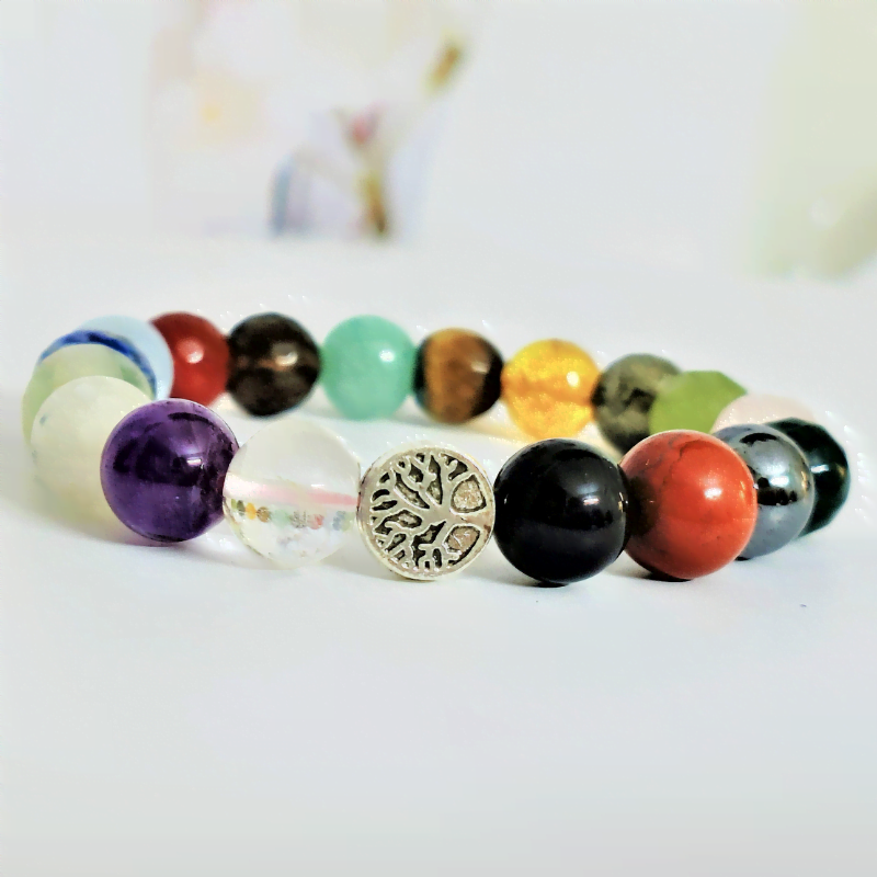 7 Chakra Multi Bead Bracelet with Tree of Life Charm good for chakra balance