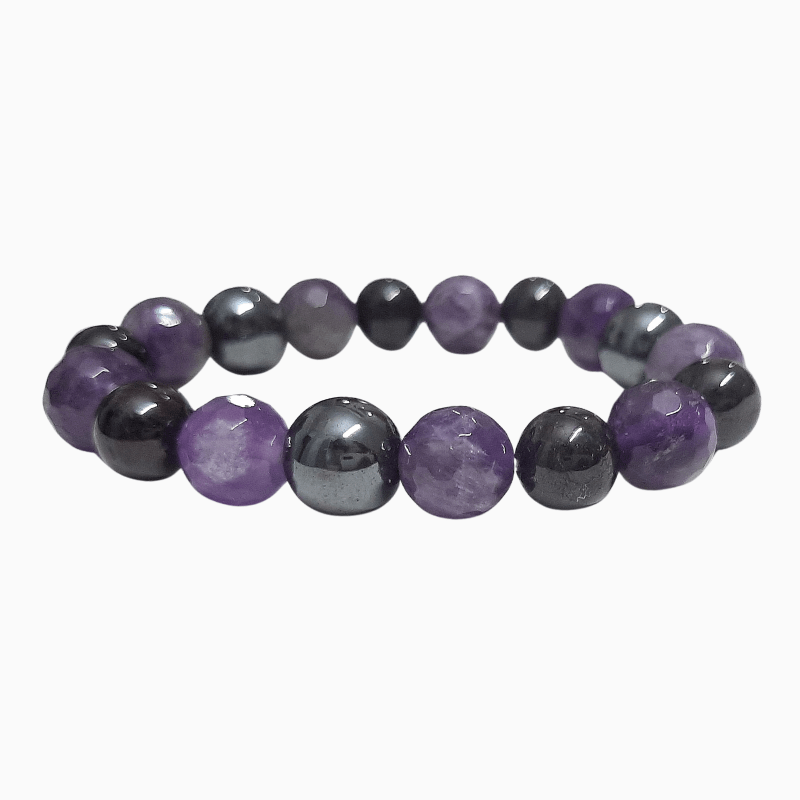 Amethyst Hematite 10mm Round Faceted Mixed Bracelet helpful for Protection, Grounding, Healing