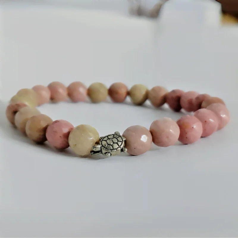 Rhodochrosite Faceted Bracelet with Tortoise Charm symbolizes for Inner Child Healing & Emotional Healing