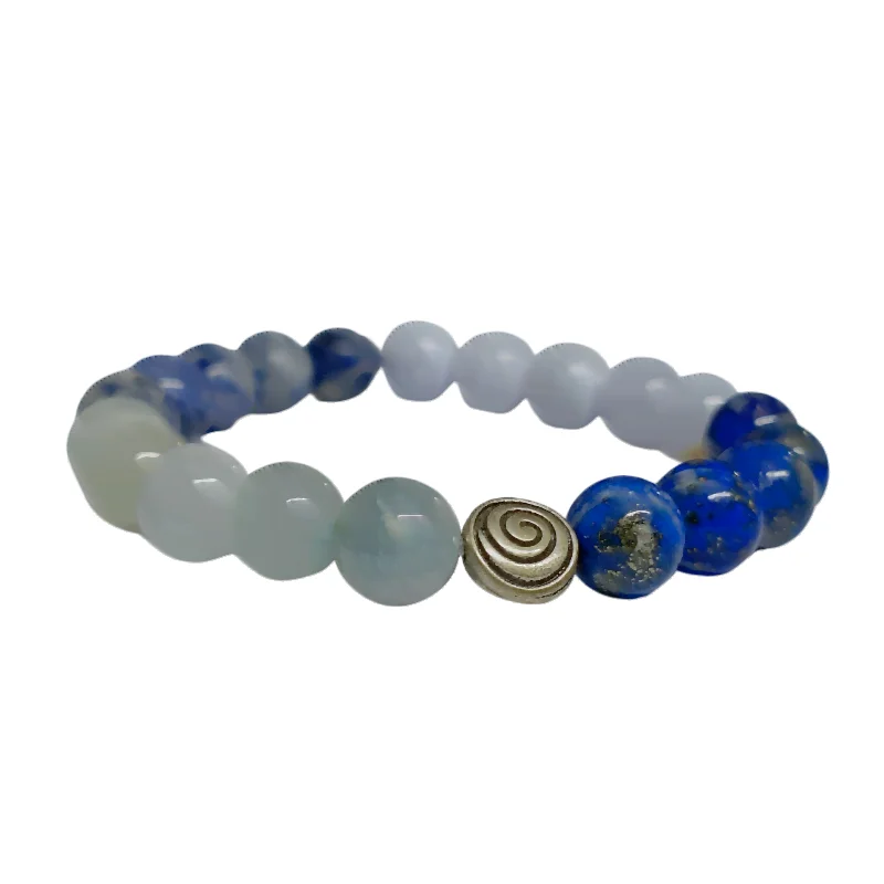 Throat Chakra 8MM Mixed Bead Bracelet with Spiral Charm good for Communication & Calming