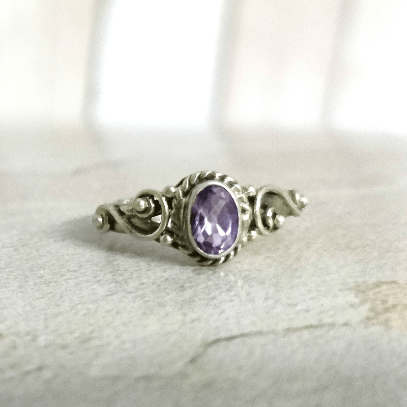 Amethyst Cut Floral Silver Ring good for Protection, Calming