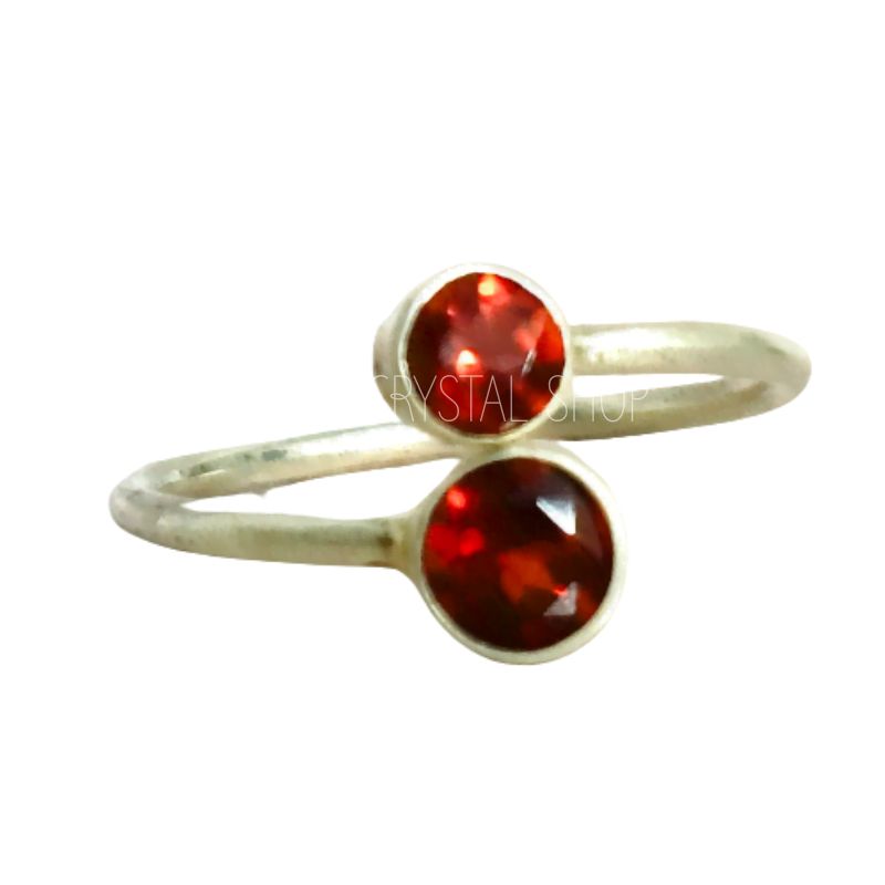 Garnet Twin Round Silver Adjustable Ring