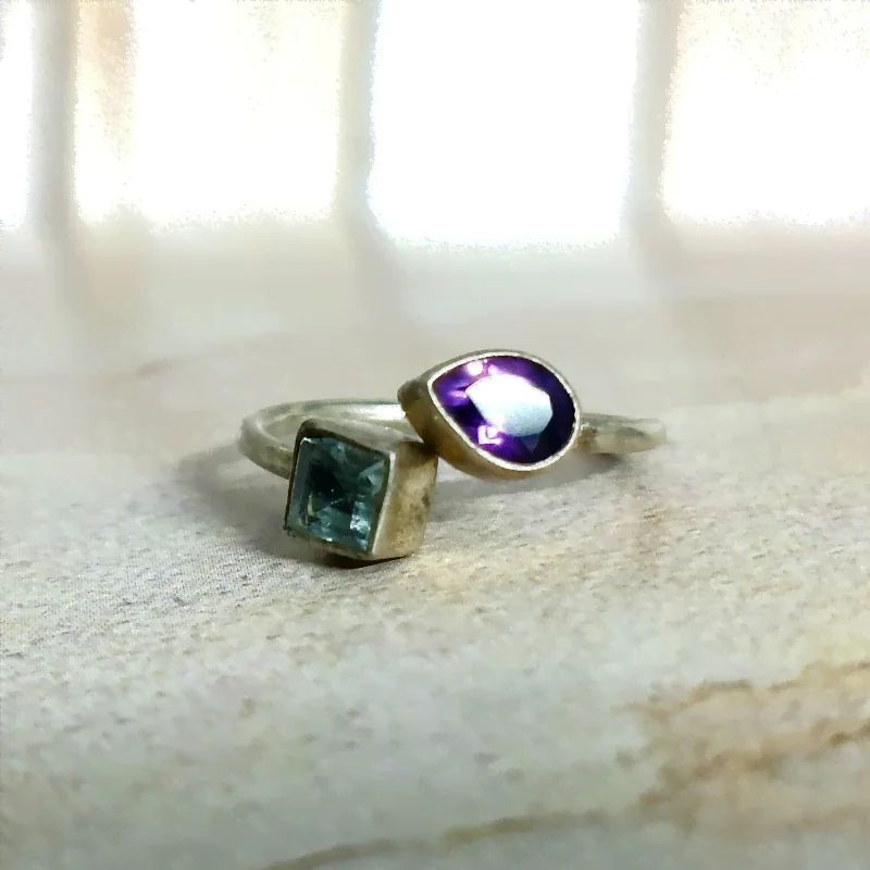Blue Topaz Amethyst Mini Adjustable Silver Ring symbolize for Protection, Calming, Communication